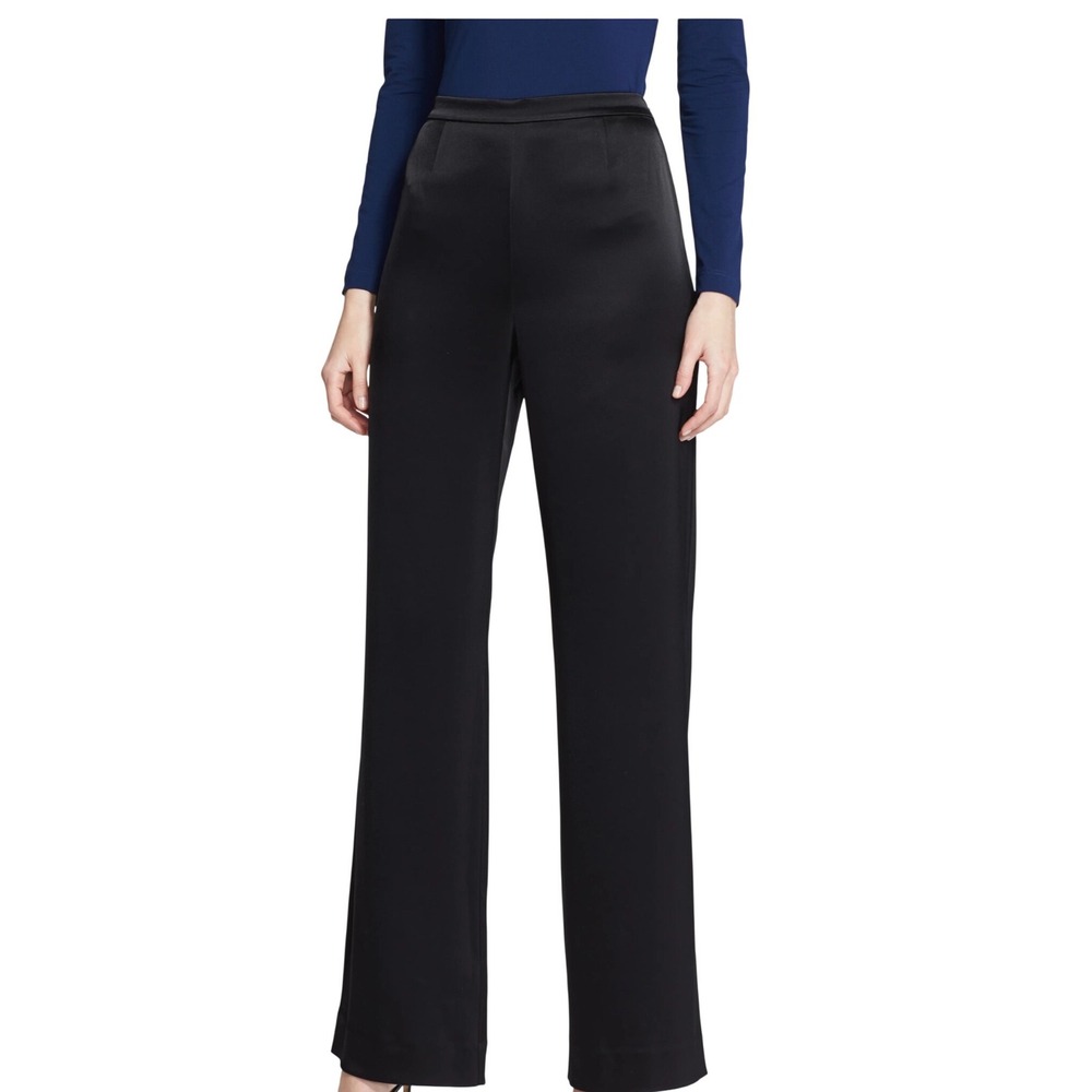 St.John Caviar Kate Satin Wide Leg Pants Black High Rise Liquid, Size 8